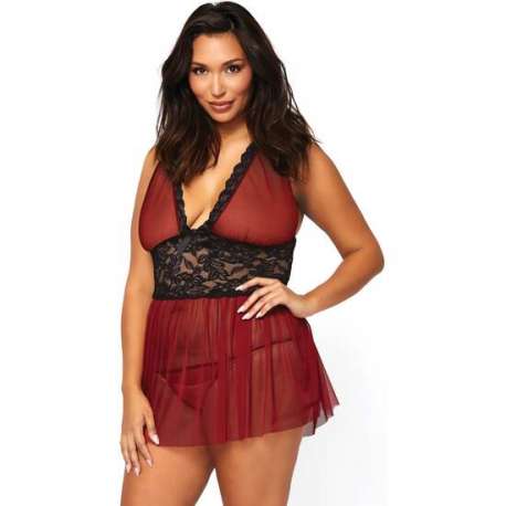 LEG AVENUE CONJUNTO PICARDiAS BURDEOS BABYDOLL CON TANGA